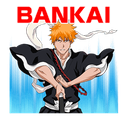 Ichigo Kurosaki standing in a battle stance with a sword, framed by blue energy and the word BANKAI.
