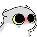A white creature with large dark eyes, a pink blush on its cheeks, and a single blue tear running down its face.