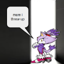 Blaze the Cat stands in a doorway with a speech bubble saying mom i threw up.