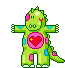 A green pixelated dinosaur dancing and shooting red hearts from its chest.