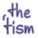 The words the tism written in a purple rounded script font with a light blue outline.