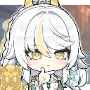 An anime girl with white hair and golden eyes rests her chin on her finger in a thoughtful, suspicious pose.