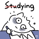A doodle character with dark circles under their eyes looks exhausted while holding a pen with the word studying crossed o...
