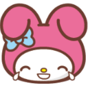 My Melody bunny character with a blue bow laughing with tears streaming from her closed eyes.
