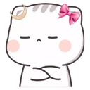 A cute white character with a pink bow and crescent moon accessory, crossing its arms with a stubborn and annoyed expression.