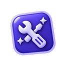 Wrench and screwdriver crossed over a purple button with sparkling stars.