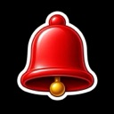 A shiny red bell with a gold clapper and a white outline against a black background.