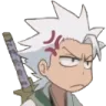 Anime boy with spiky white hair and a red anger vein symbol on his forehead looking annoyed.
