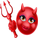 Red devil character with horns and a mischievous grin holding a trident.