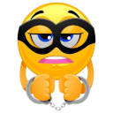A yellow smiley face wearing a black bandit mask and silver handcuffs looking guilty.