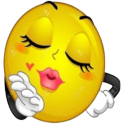 A yellow smiley face with closed eyes and puckered lips blowing a kiss with its hand.