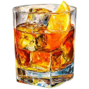 Cocktail glass filled with amber liquid, ice cubes, and an orange slice garnish.