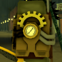A mechanical pressure gauge with a yellow dial and a gear frame.