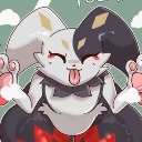 A stylized creature with a split black and white face sticking its tongue out with a happy expression.