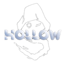 Ghostly silhouette standing behind the metallic word HOLLOW against a black background.
