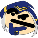 A yellow cartoon face with a blue hat and white hair, resting a hand on its chin in a thinking pose.