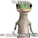A 3D gecko looking directly at the camera with text overlays that read It's ok bro and Not everyone can be winner.
