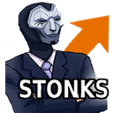A masked figure in a suit stands with arms crossed next to a rising orange arrow and the word STONKS.