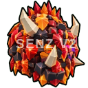 A spiky, crystalline monster with red, orange, and black shards and large horns.
