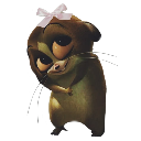 A small brown furry creature with a pink bow on its head looking coy and mischievous.