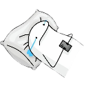 A white stick figure crying with blue tears while pressing its face into a white pillow.