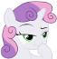 A white pony with purple and pink hair giving a smug, suspicious side-eyed look with a small smirk.