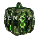 A metallic cube with glowing green runes and intricate mechanical etchings.