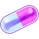 A glossy, 3D-rendered capsule split into a pink half and a light blue half.
