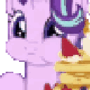 A purple pony with a mischievous smirk eating a small yellow cake in a pixel art style.