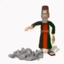 A 3D cartoon man in robes repeatedly picking up and throwing stones at an unseen target.