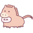 A light pink cartoon horse with a comically wide, toothy grin and large, round eyes.