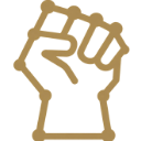 A golden clenched fist raised in the air, depicted in a simple line-art style.