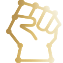 A stylized golden fist raised in the air.