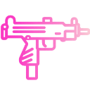 A stylized submachine gun rendered in bright, solid neon pink pixel art.