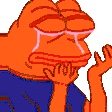 Orange frog character with closed eyes and tears streaming down its face while holding its hands to its chin.