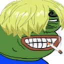 Pepe the Frog with blonde hair and a cigarette flashing a wide, smug, toothy grin.