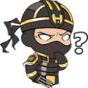 A cartoon ninja in black and gold armor looking suspicious with a question mark floating next to their head.