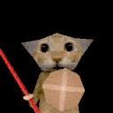 A low-poly brown cat holding a sword and shield glitches while shouting.