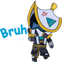 A small chibi character wearing a large helmet with a red anger symbol on it.