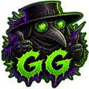Plague doctor with glowing green eyes giving a double thumbs up with green dripping text reading GG.