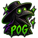 A plague doctor mask with glowing green eyes and text below it, surrounded by glowing green sparkles.