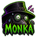 Plague doctor wearing a top hat with wide, panicked eyes and green glowing goggles.