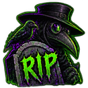 Plague doctor with a raven perched on a tombstone that says RIP in glowing green letters.