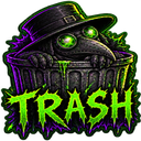 A plague doctor wearing a black hat and glowing green eyes peeks out of a trash can with green slime dripping from the word …