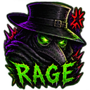 A plague doctor wearing a black hat and beak mask with glowing green eyes and red angry symbols surrounding the text RAGE.