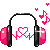 Headphones with a pink heart and musical notes in a pixel art style.