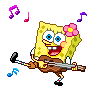A yellow square character with a pink flower on its head plays a ukulele while dancing with musical notes floating around.