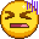 A yellow pixelated emoji face with eyes tightly closed and purple stress lines appearing on the side of its head.