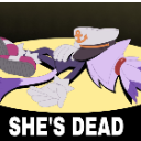 A stylized character lying face down on a yellow surface with the text SHE'S DEAD written in bold white letters below.