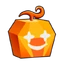 A stylized orange gem with large, white star-shaped eyes expressing excitement.